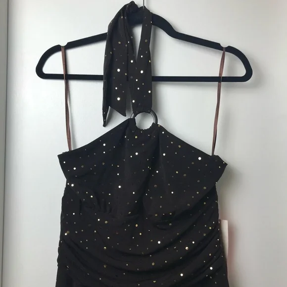 EnFocus Studio gold Sequins Asymmetrical Ruched Halter Dress Size 10 NWOT - Picture 4 of 11